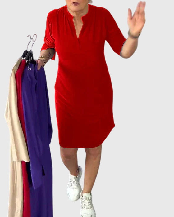 Katherine | Classic V-Neck Solid Dress
